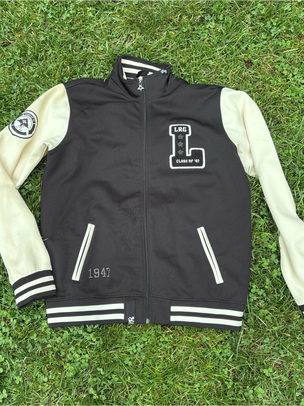 Y2K LRG Black Jacket with Cream Sleeves Varsity-Style